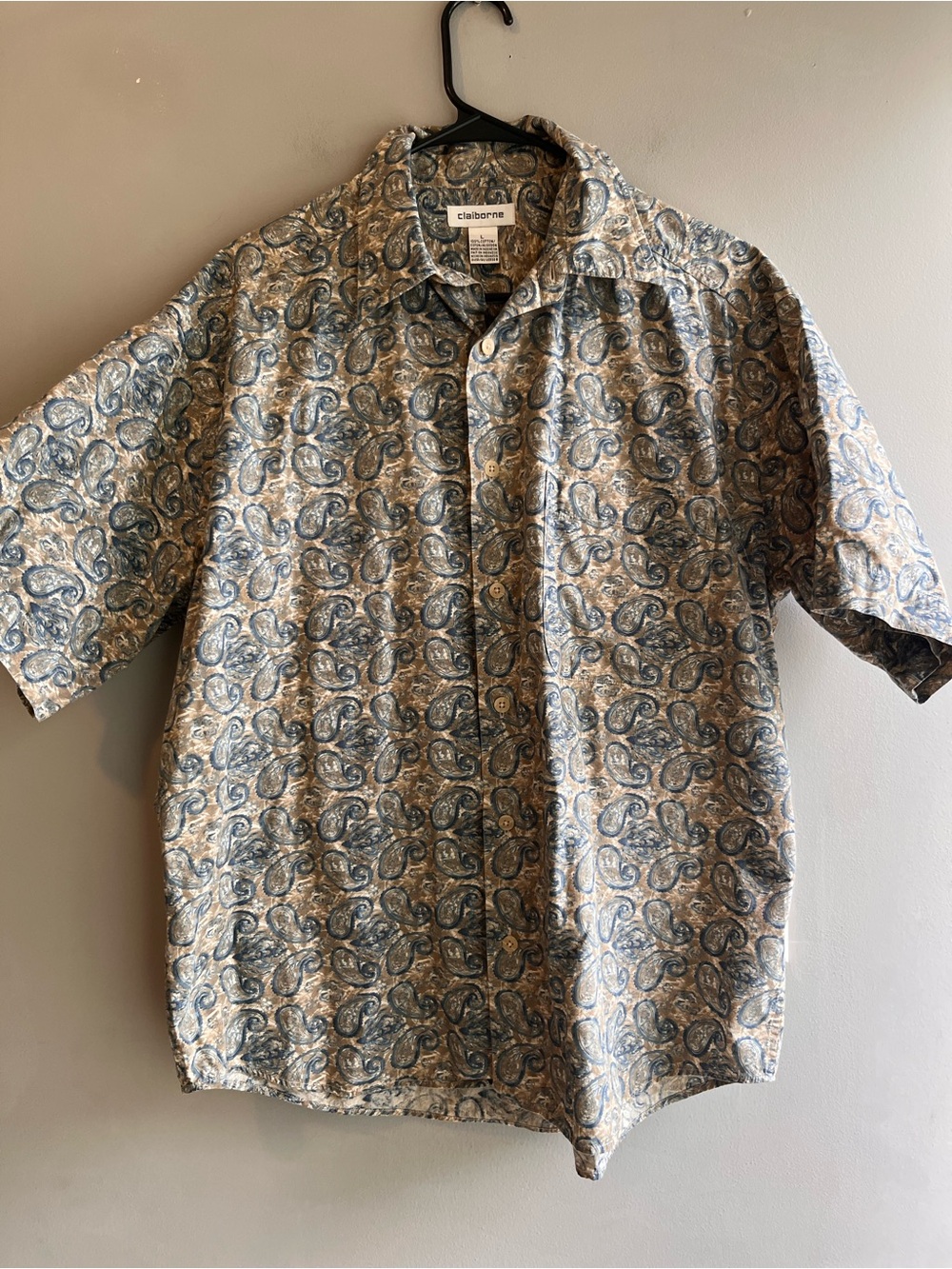Claiborne Men's Blue Paisley Short-Sleeve Shirt Large 100% Cotton